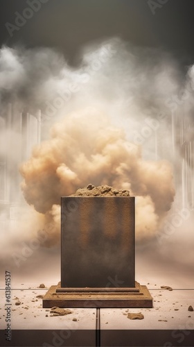 A gamer podium stage background with empty space to promote products and services. Smoke and Explosin Effects. Dust Color Palette. Create with generative ai.