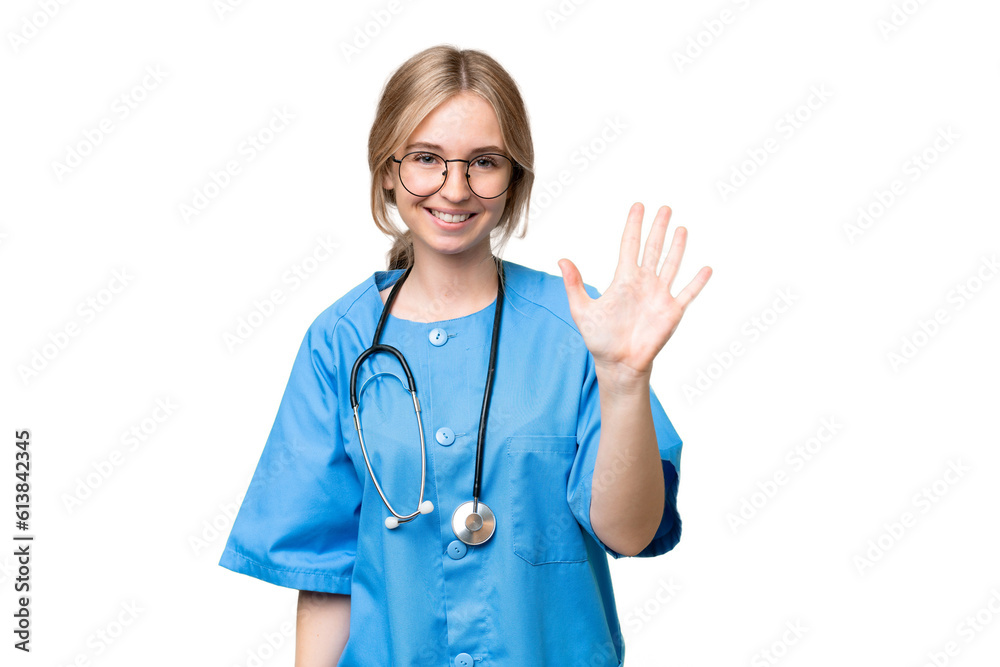 Young nurse English woman over isolated background counting five with fingers Young nurse English woman over isolated background counting five with fingers