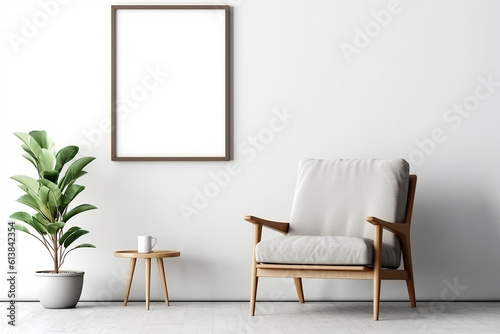 Blank picture frame mockup on gray wall. White living room design. generative AI © TimosBlickfang