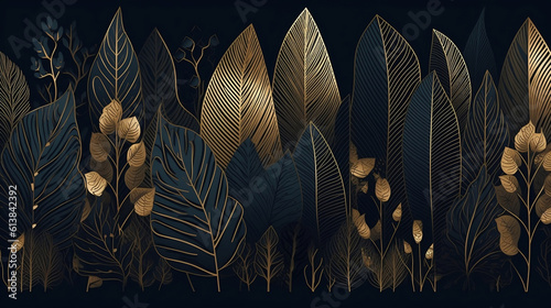 Luxury wallpaper design with Gold leaf and natural background. Leaves line arts design for fabric, prints and background texture, Vector illustration. Generative ai.