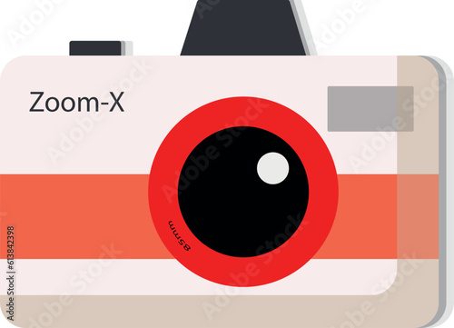 Vector image of a camera. The colors used are white, red, gray, and black. The inscription on the body is Zoom-X, the inscription on the lens is 85mm.