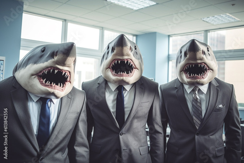3 Männer im Business Outfit mit Haimasken im Gebäude / Büro. Kredithaie. Finanzmafia. Schuldeneintreiber. Generative Ai