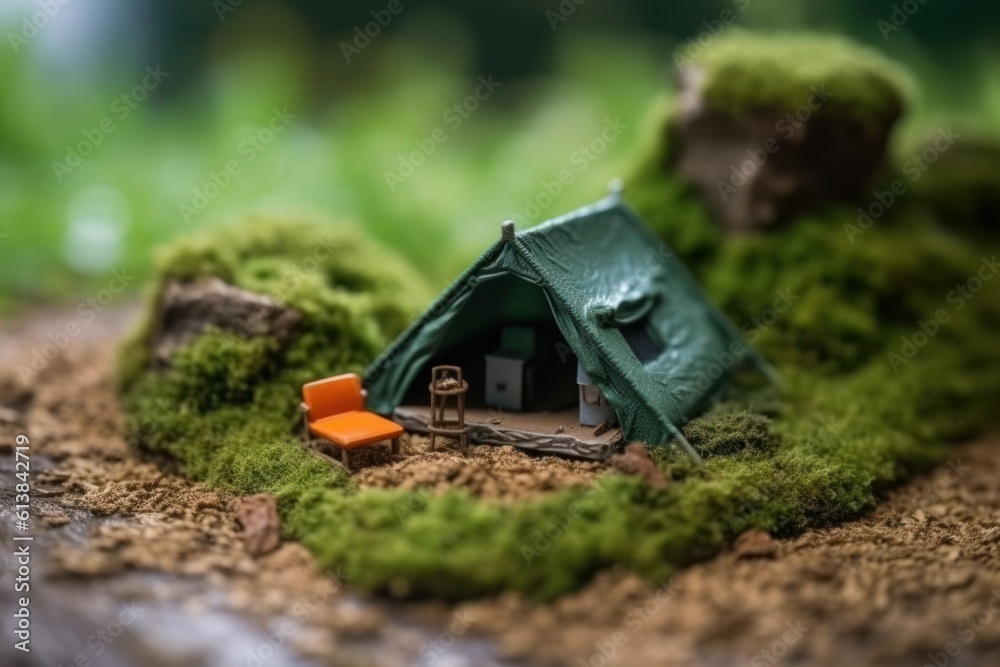 Miniature tent, tree and camper on green backdrop. Minimal camping concept. Nativity scene in the forest. Selective focus. AI generative Miniature tent, tree and camper on green backdrop. Minimal camping concept. Nativity scene in the forest. Selective focus. AI generative