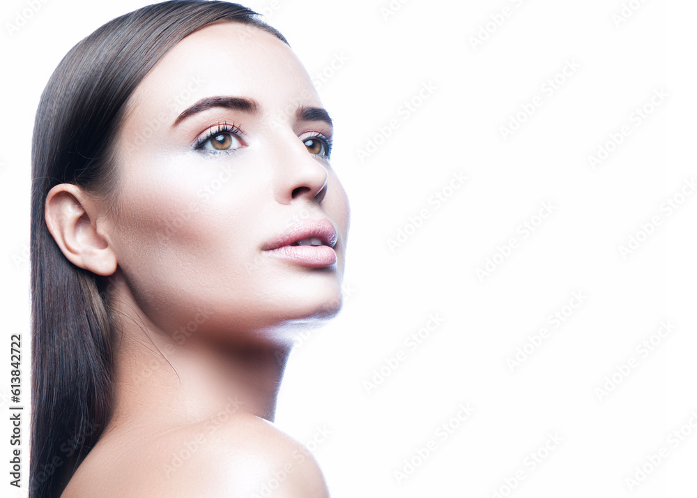 Gorgeous young woman beauty face with perfect skin, hair, natural makeup, isolated on white background, copy space Gorgeous young woman beauty face with perfect skin, hair, natural makeup, isolated on white background, copy space