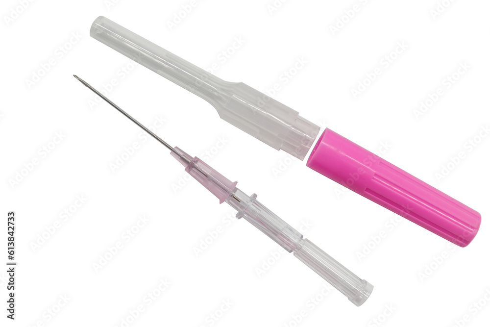 IV catheter with pink needle sheath placed isolate on transparent background IV catheter with pink needle sheath placed isolate on transparent background
