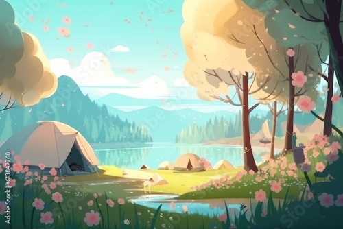 Camping by the lake in the mountains. Illustration of beautiful landscape. AI generative