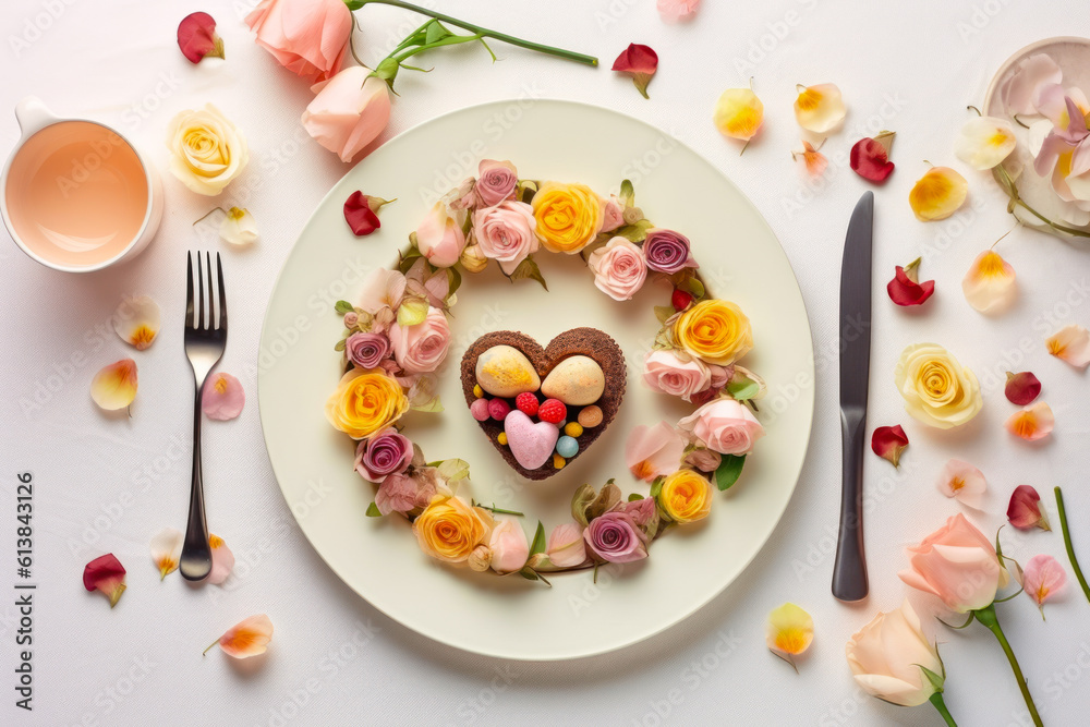 table setting for lovers with pink flowers and heart top view generative ai table setting for lovers with pink flowers and heart top view generative ai