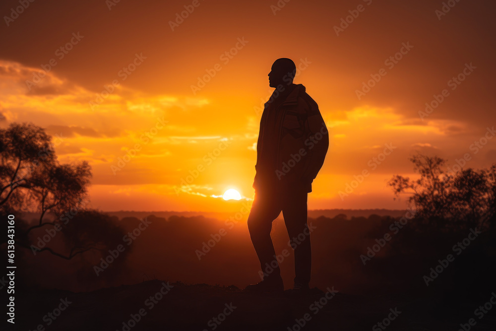 the silhouette of a young man against the background of the warmth of a golden sunset, a beautiful view of the sky generative ai
