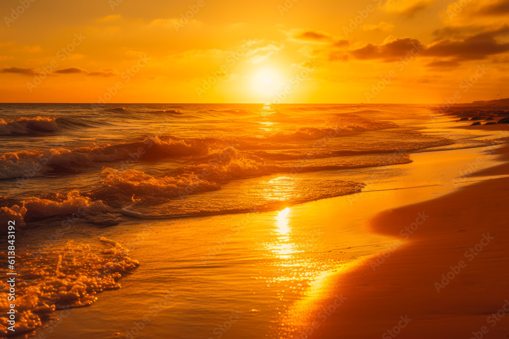 beautiful warm sunset on the seashore, soft calm waves of sea water in the warm light of the golden sun generative ai beautiful warm sunset on the seashore, soft calm waves of sea water in the warm light of the golden sun generative ai