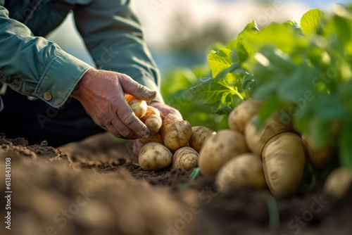 farmer's hands picking potatoes in the field close-up generative ai