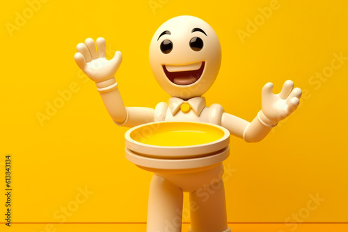 cartoon white character smiling and waving on yellow background with white plate generative ai photo