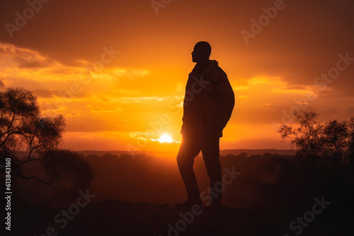 the silhouette of a young man against the background of the warmth of a golden sunset  a beautiful view of the sky generative ai