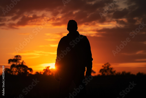 the silhouette of a young man against the background of the warmth of a golden sunset, a beautiful view of the sky generative ai