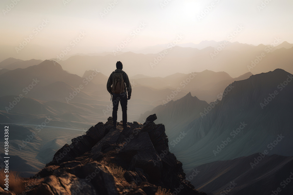 a man on the edge of a cliff looks at a mountain misty landscape, the concept of tourism, hiking generative ai