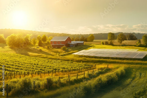 farm on a green meadow with solar panels next to a neat green field warm sunset generative ai