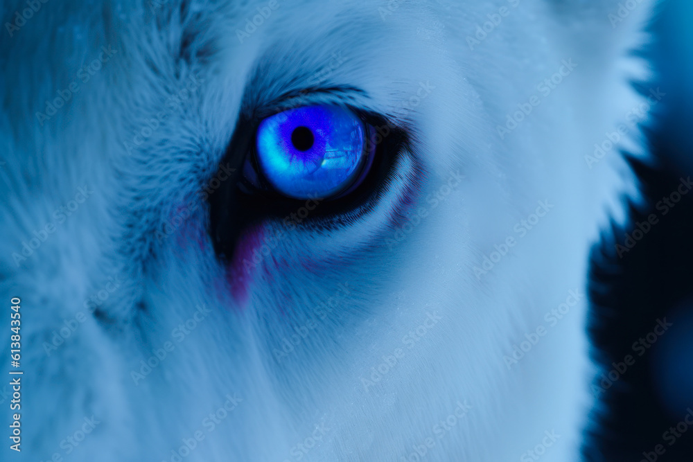 close-up of the eye of a white animal, cold neon colors generative ai