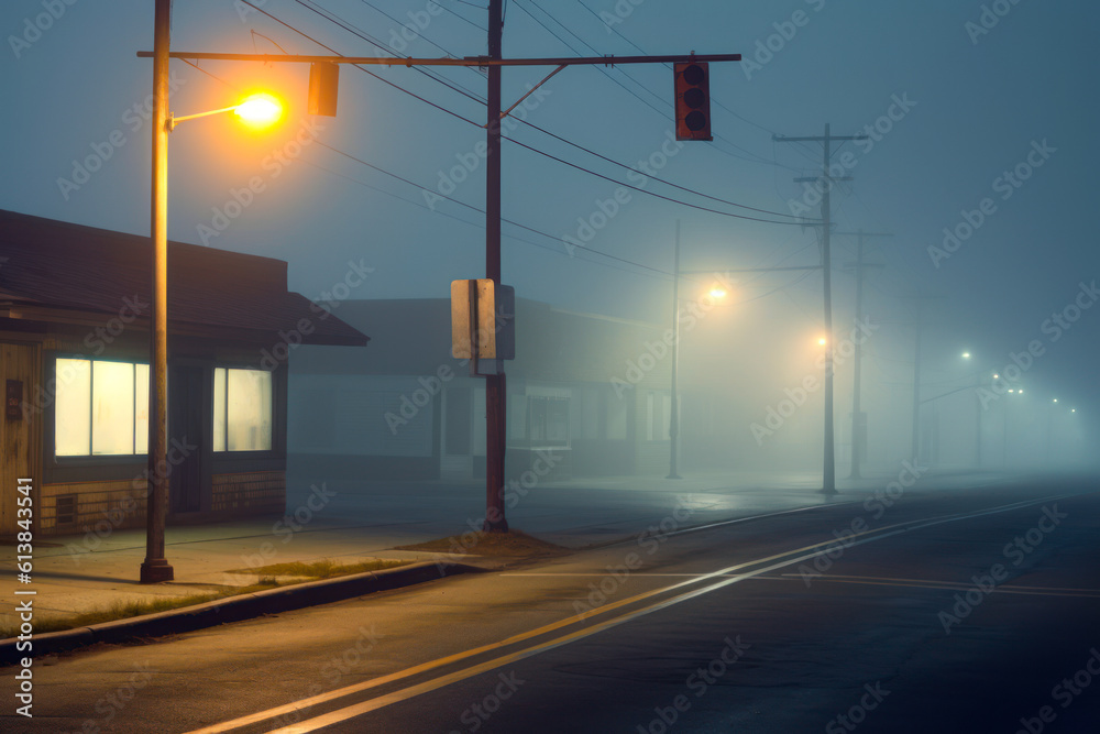 empty road in a deserted foggy town next to street lamps generative ai