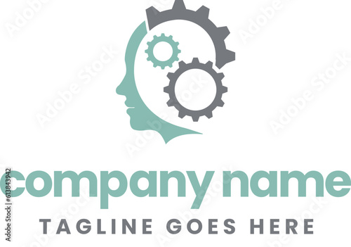 vector logo human face engine, gear icon , engendering digital art symbol, Smart factory technology innovative mechanism mark.