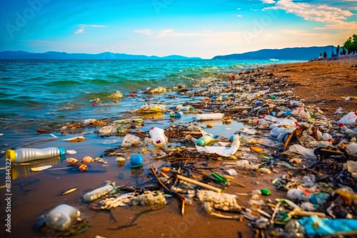 beach full of garbage and plastic waste as wide banner for environmental and recycle concepts, ai generative