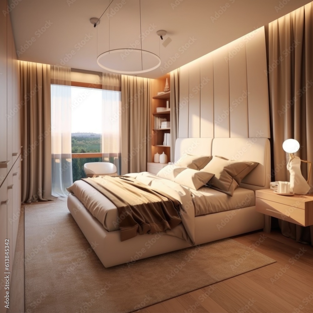 Fototapeta premium bed with white pillows in hotel, ai generative