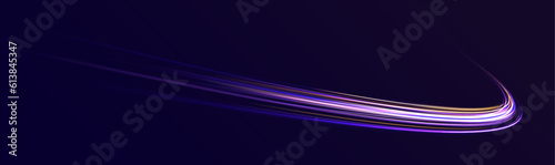 Neon light rays background. Modern abstract high speed movement. Colourful dynamic motion on blue background.	 photo