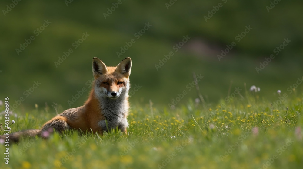 Mother Fox in Rolling Green Field. Generative ai. Mother Fox in Rolling Green Field. Generative ai.