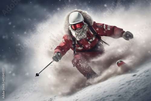 snowboarder sport santa skier winter holiday mountain christmas snow ski. Generative AI.
