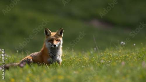 Mother Fox in Rolling Green Field. Generative ai. © Aiakos