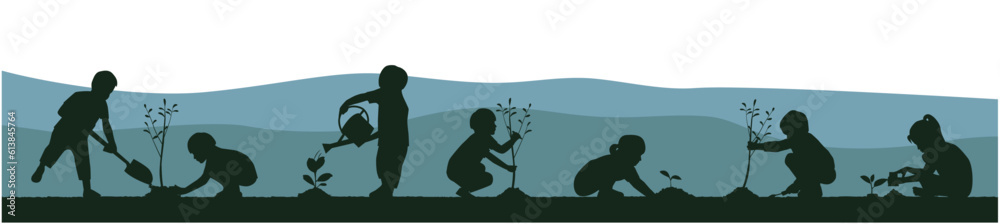 Children planting tree silhouette 