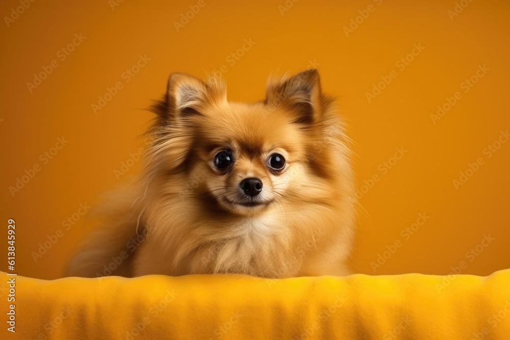 Pomeranian dog on yellow background, AI Generative