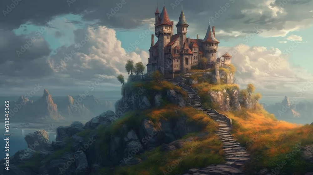 Old fairytale castle on the hill. Fantasy landscape illustration. Generative ai.