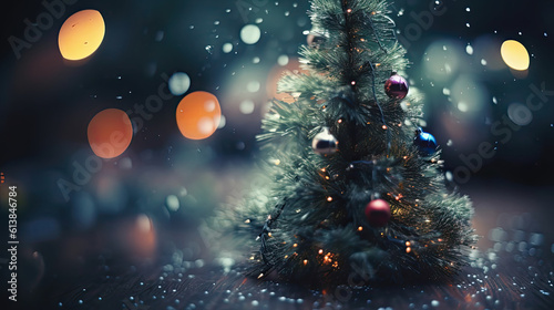 christmas tree with gifts and stars  in a winter and christmas environment. tilt-shift effect and bokeh. ai generative