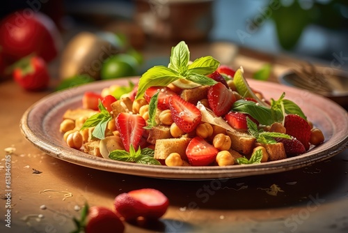 Delicious chickpea and shawarma salad with strawberries, Generative AI
