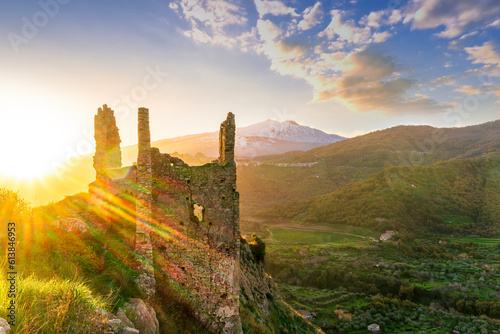 mountain landscape with view from old anciant ruins to a mountain highland plato with white top of vulcan