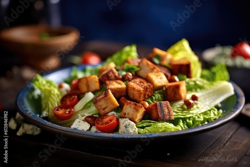 Traditional caesar salad with tempeh and cheese, Generative AI
