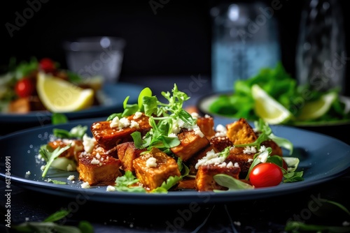 Traditional caesar salad with tempeh and cheese  Generative AI