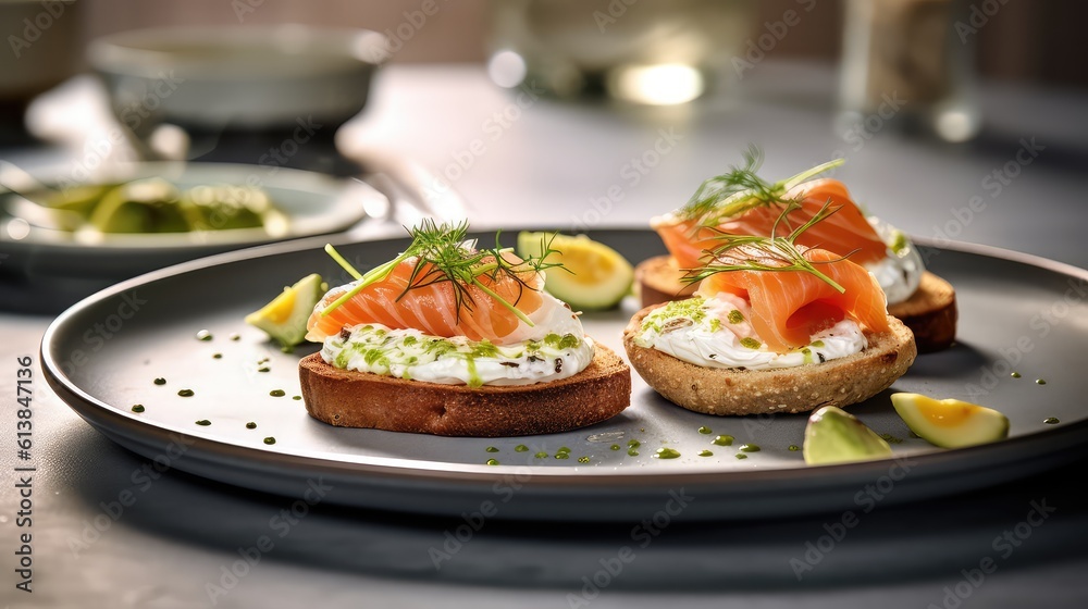 Sandwich with baked salmon and goat cheese on the plate, Generative AI Sandwich with baked salmon and goat cheese on the plate, Generative AI