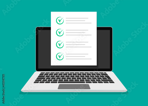 Online exam and online testing on laptop. Checklist, online form survey, choosing answer on laptop screen. Vector illustration.