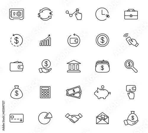 Finance icon set. Line icons money, payments, business and bank. Thin outline icons finacial collection. Vector illustration.