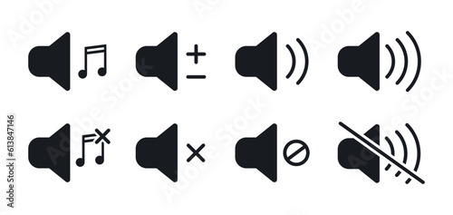 Sound volume icon set. Volume icons. Speaker icon. Volume control on off. Vector illustration.
