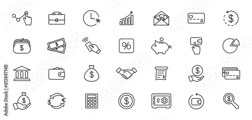 Finance icon set. Line icons money, payments, business and bank. Thin outline icons finacial collection. Vector illustration.