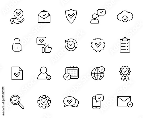 Approve and Check mark line icon set. Line icons accepted, verified, guarantee, confirm, checklist. Thin outline icons approval collection. Vector illustration.
