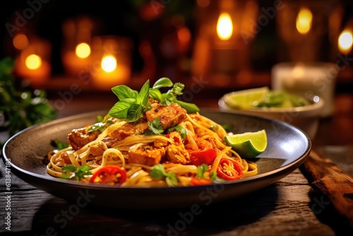 Vegan pasta with grilled vegetables, basil, sauce.