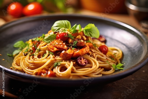Vegan pasta with grilled vegetables, basil, sauce and tomatos. 
