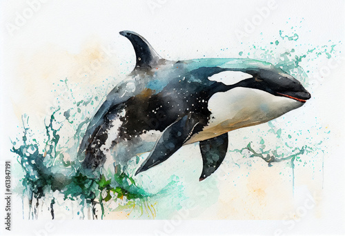 Image of a watercolor drawing of an Orca. Generative AI