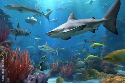 A detailed illustration of a group of fish  such as sharks or tropical fish  in a colorful and lively underwater environment  Generative AI