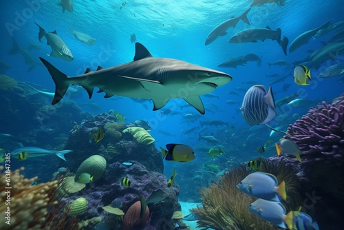 A detailed illustration of a group of fish, such as sharks or tropical fish, in a colorful and lively underwater environment, Generative AI © MARIO
