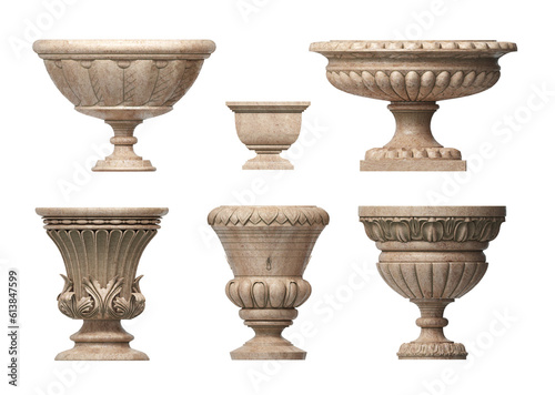 3d illustration.Set of vintage marble classic garden vases