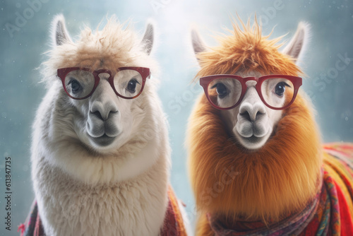 Two alpacas wearing glasses, Generative AI