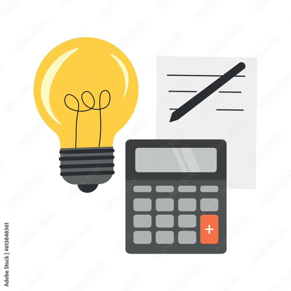 Light bulb, calculator and a sheet of paper with a pen. Flat vector illustration